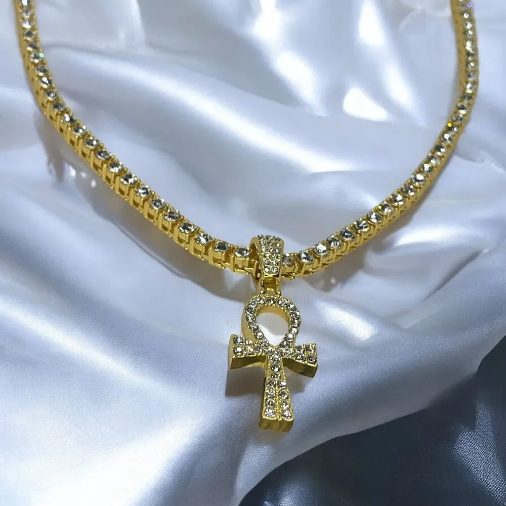 Gold Tone Ahnk Cross Tennis Pendant Necklace 23” Crystal Men's Faith Fashion NEW